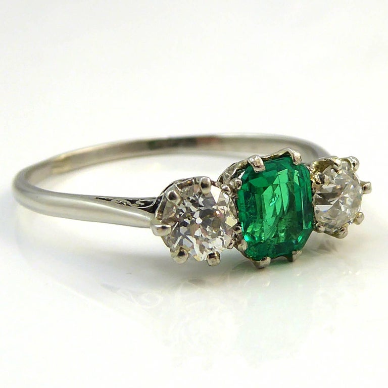 Art Deco Engagement Ring, Emerald Diamond ThreeStone, Platinum at 1stDibs three stone art