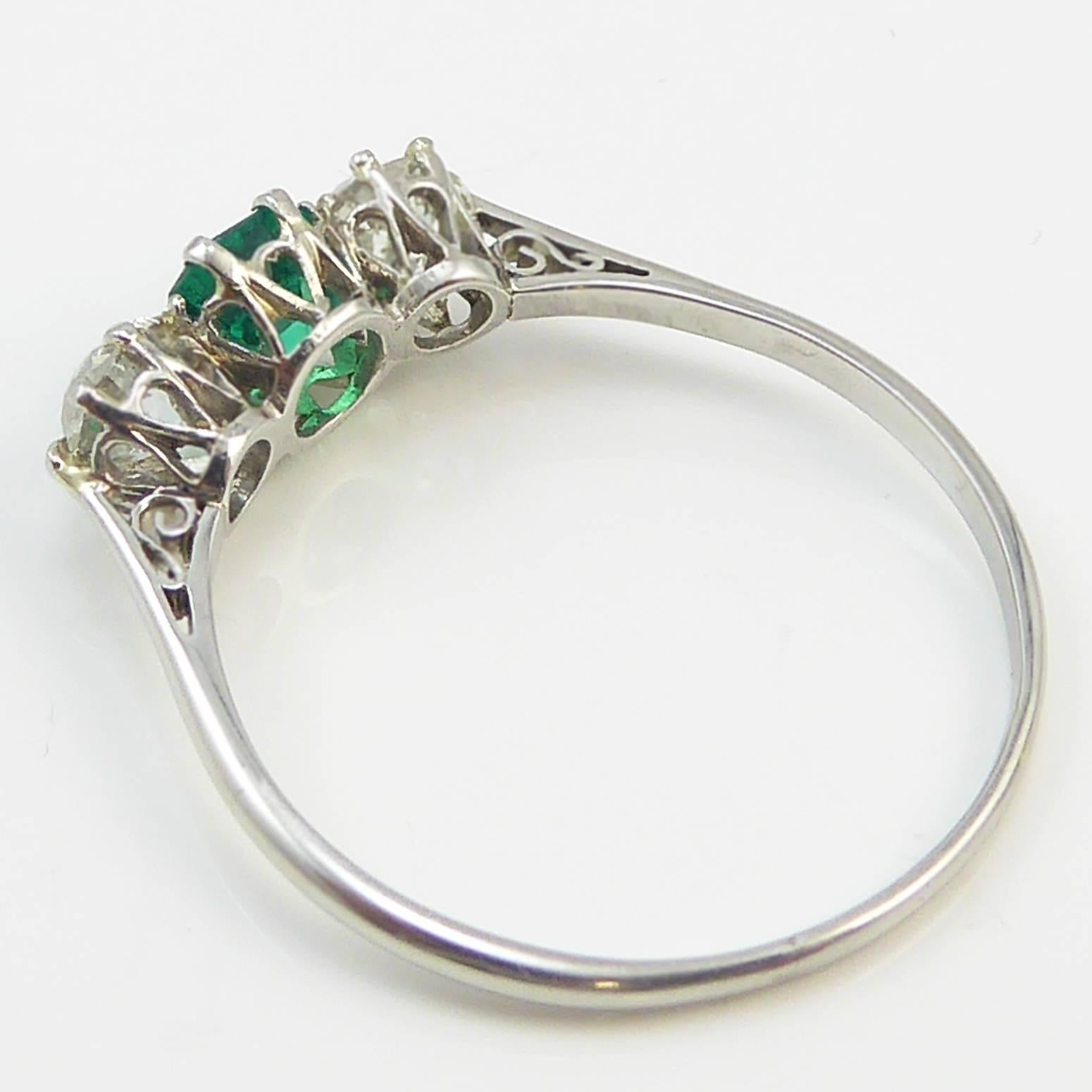 Art Deco Engagement Ring, Emerald Diamond Three-Stone, Platinum 1