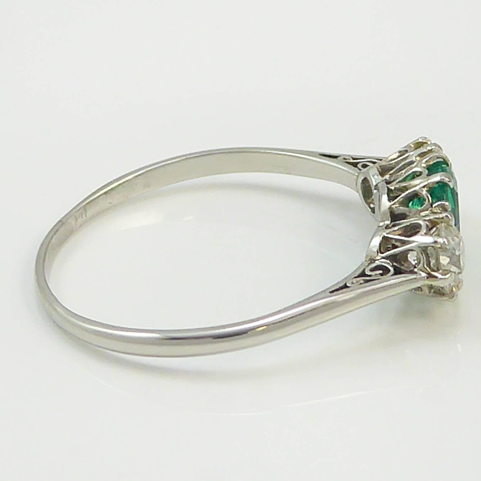 Art Deco Engagement Ring, Emerald Diamond Three-Stone, Platinum 2