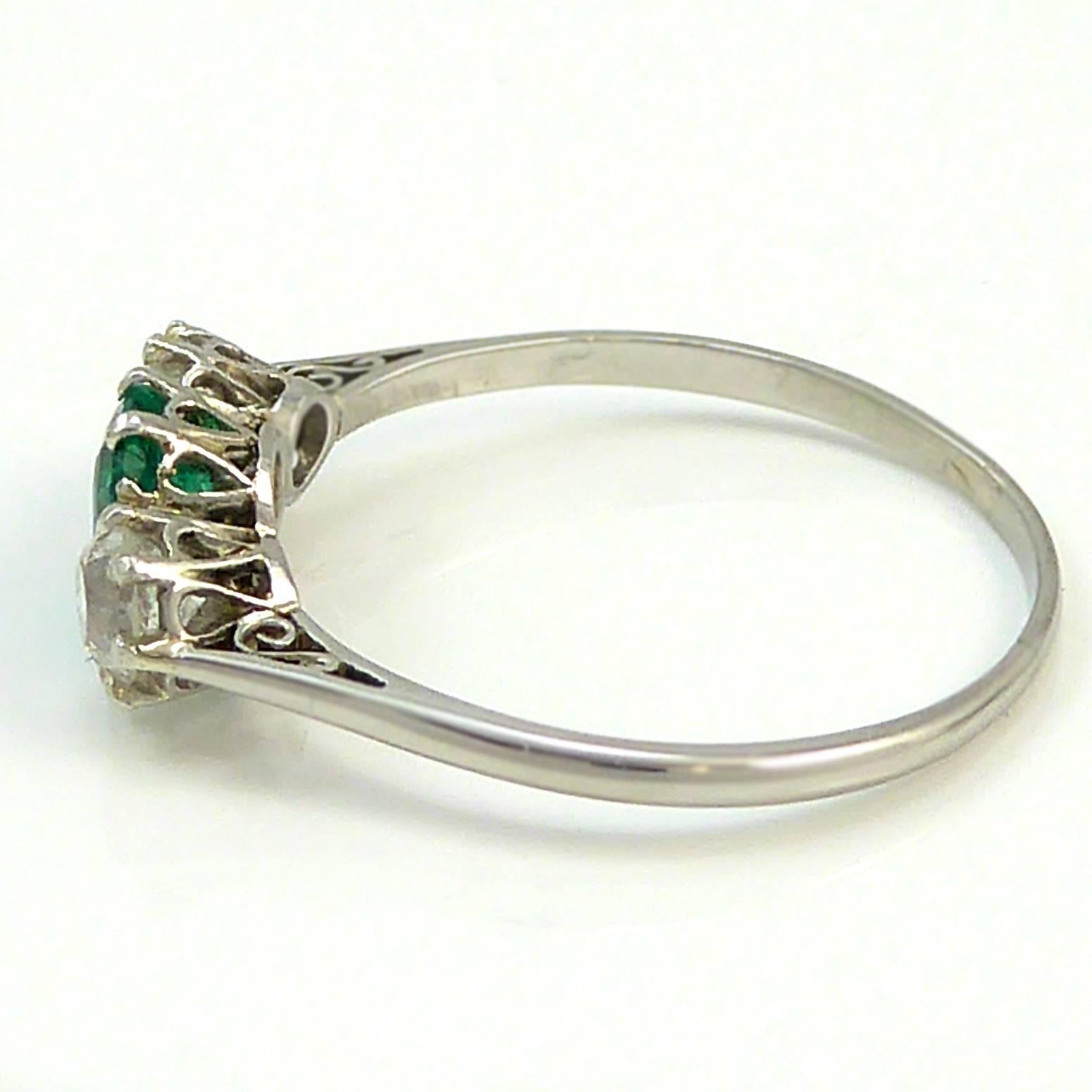 Art Deco Engagement Ring, Emerald Diamond Three-Stone, Platinum 4