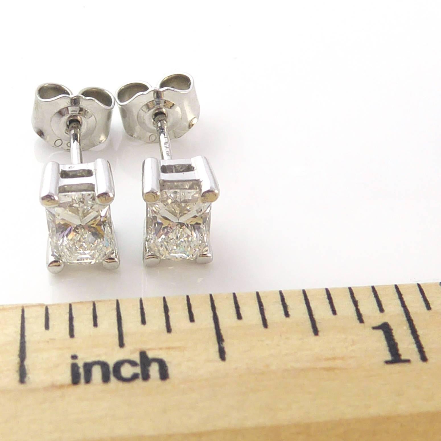 Contemporary Radiant Diamond Stud Earrings, 1.96 Carat, Solitaire Settings, G/H Color