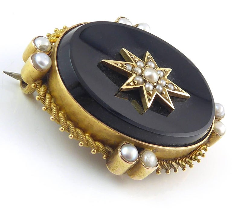 Victorian Onyx and Pearl Mourning Brooch, 15 Carat Gold at 1stDibs