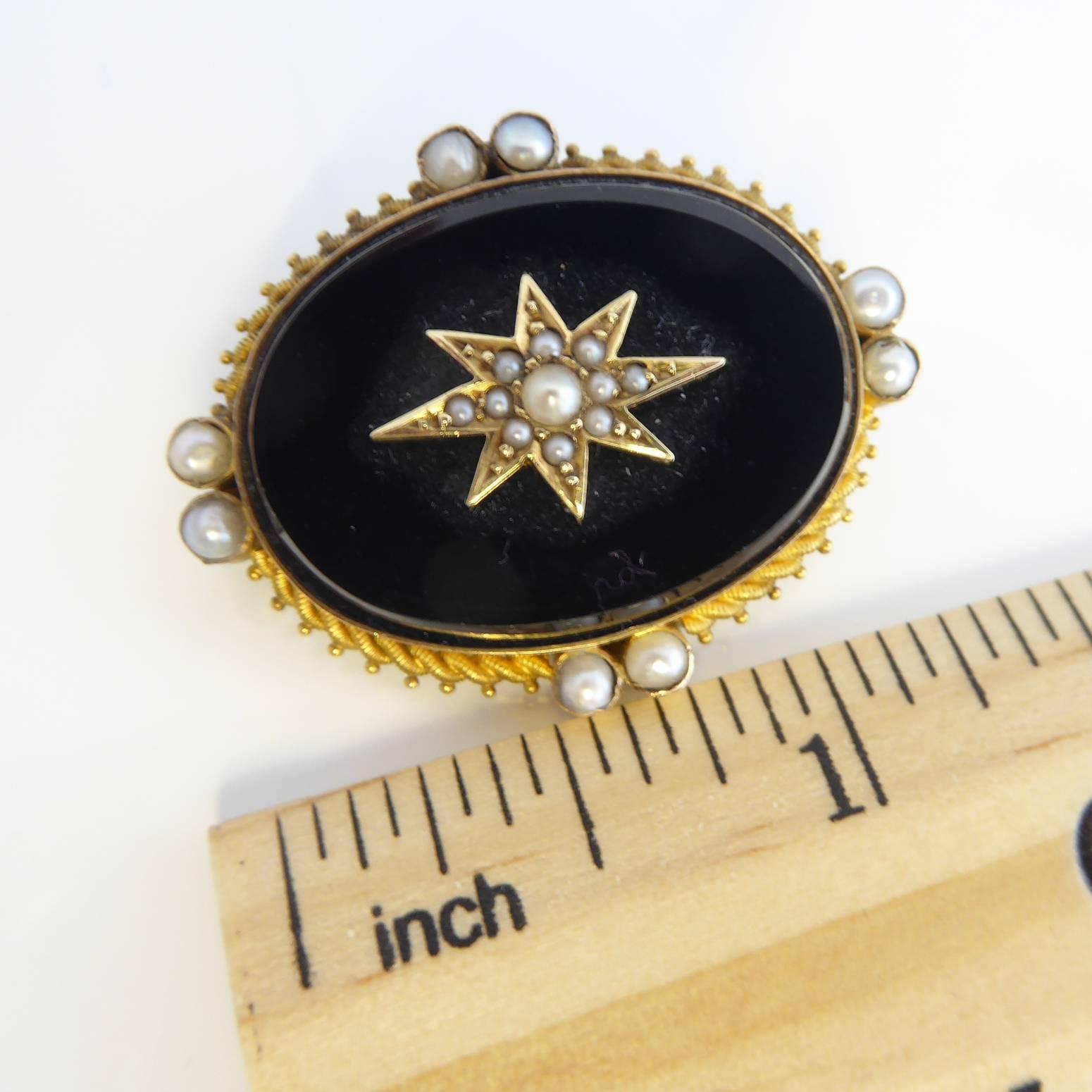 Victorian Onyx and Pearl Mourning Brooch, 15 Carat Gold 1