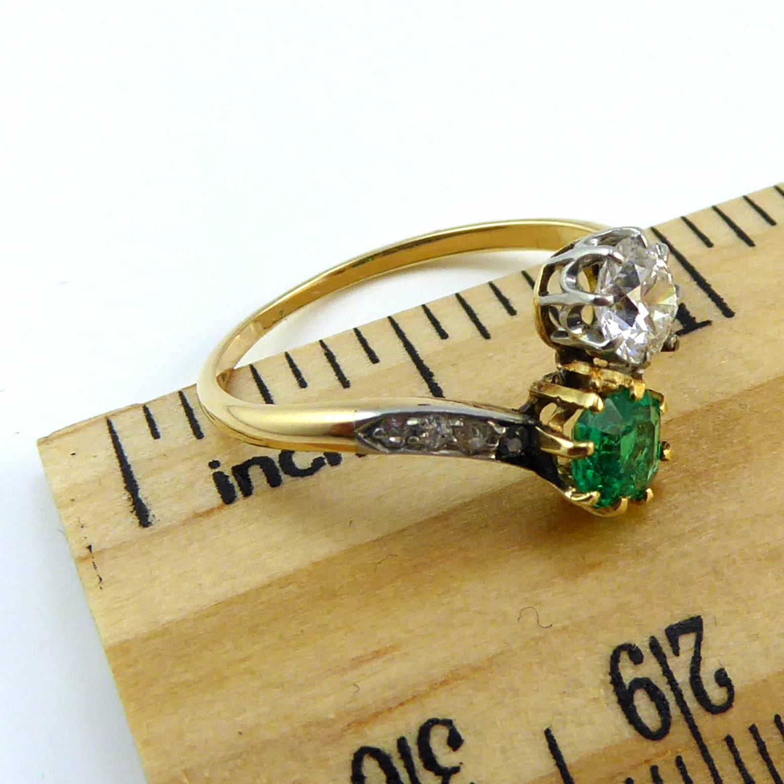 Art Deco Engagement Ring, Emerald Diamond Two-Stone Cross over Twist In Excellent Condition In Yorkshire, West Yorkshire