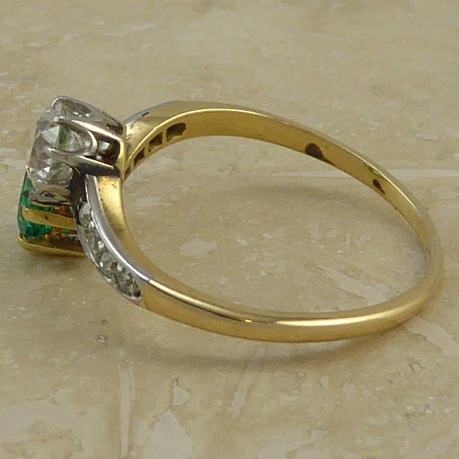 Women's Art Deco Engagement Ring, Emerald Diamond Two-Stone Cross over Twist