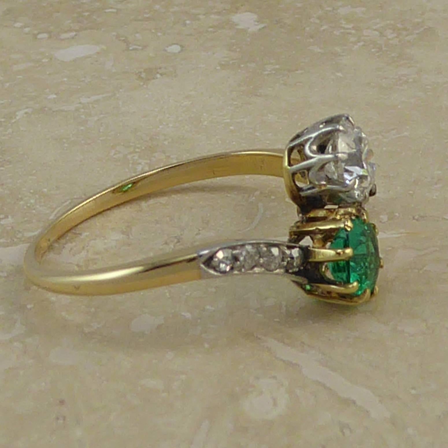 Art Deco Engagement Ring, Emerald Diamond Two-Stone Cross over Twist 1