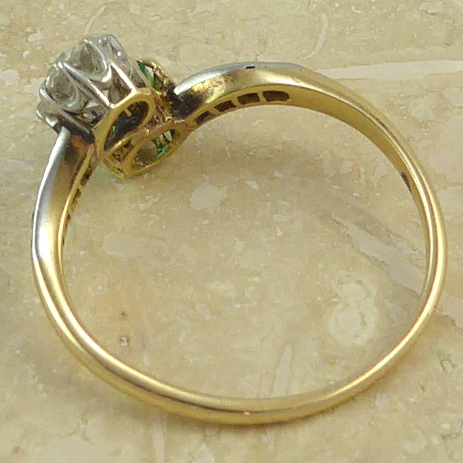 Art Deco Engagement Ring, Emerald Diamond Two-Stone Cross over Twist 2