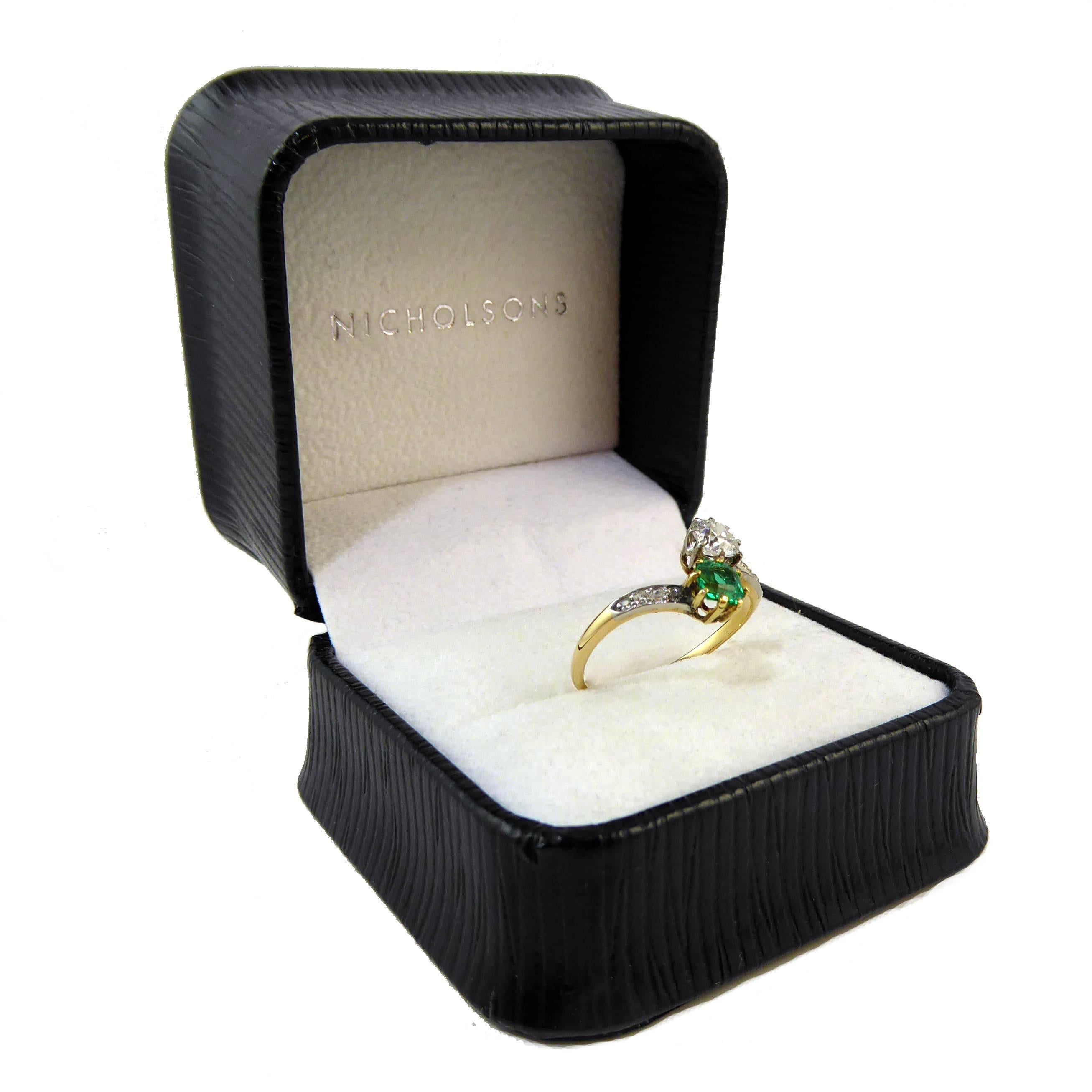 Art Deco Engagement Ring, Emerald Diamond Two-Stone Cross over Twist 3