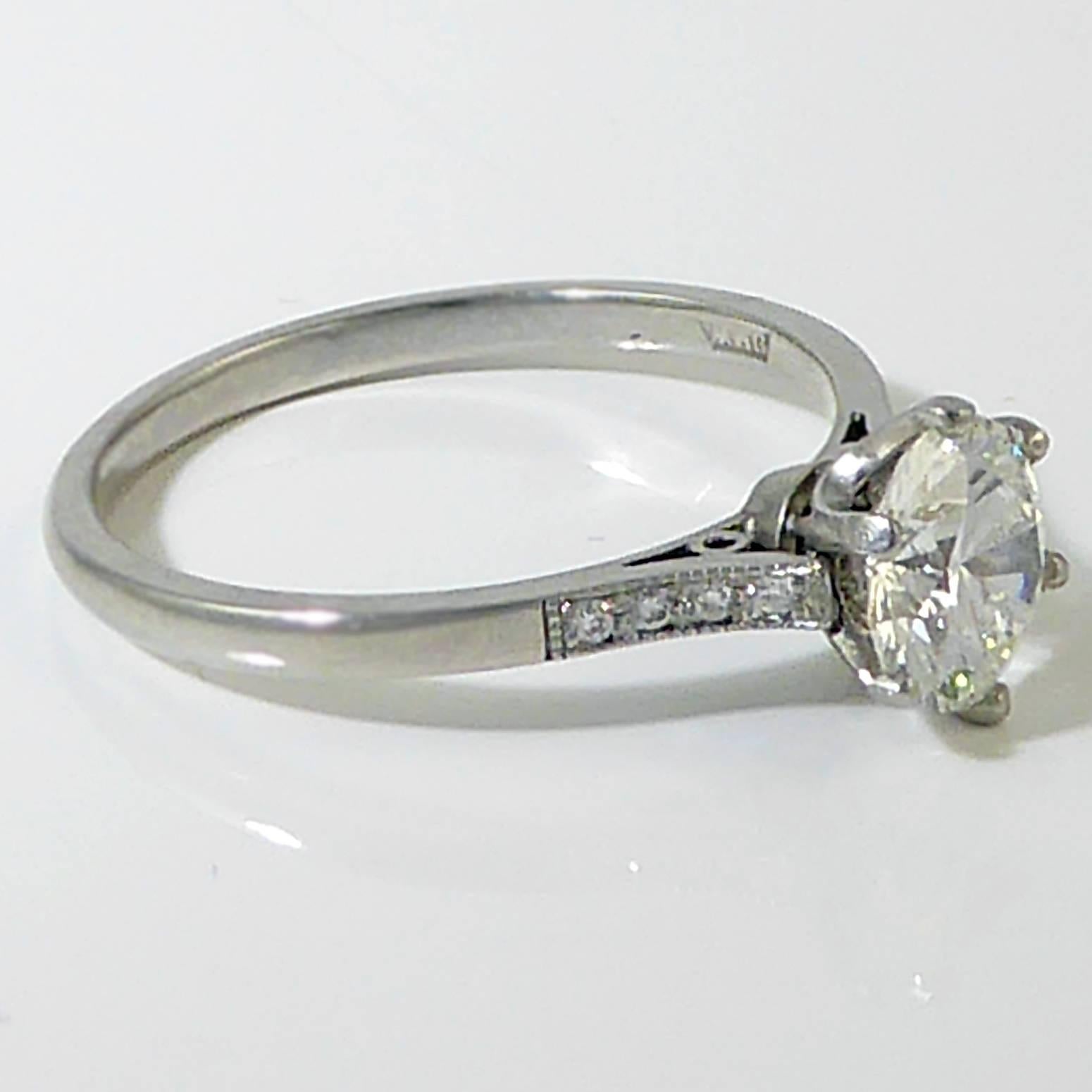 Pre-owned diamond solitaire engagement ring set with a brilliant cut diamond 1.04ct, of E colour and VVS2 clarity, with an excellent cut grade and no fluorescence, as detailed by an GIA certificate number 2127243731, dated 17th June, 2011.  The