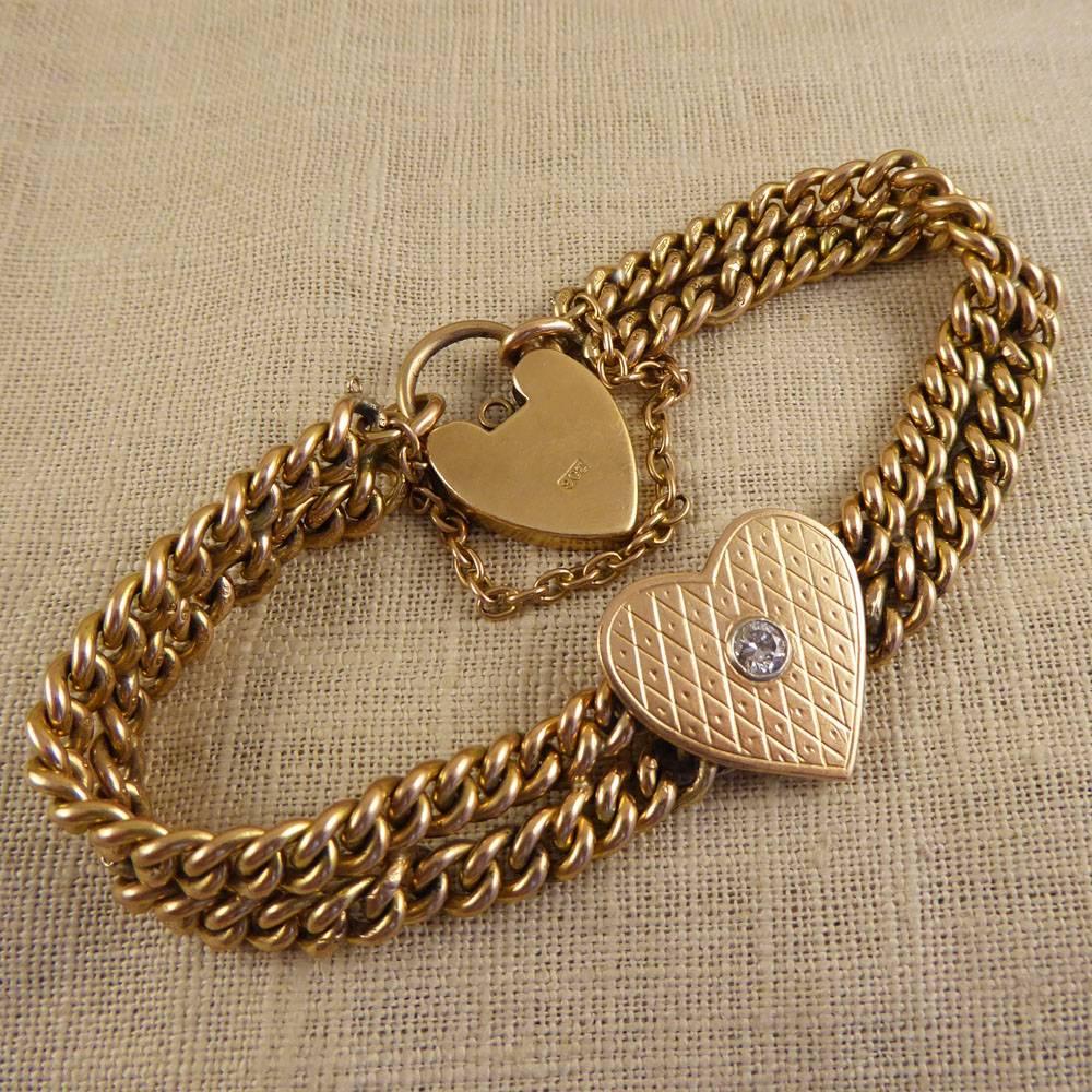 This antique bracelet has been crafted in the Victorian era. It features an Engraved Love Heart Panel set with a single Diamond all set in 9ct Gold. 
A striking, classic piece that can be worn everyday!

Condition: Very Good, slightest signs of wear