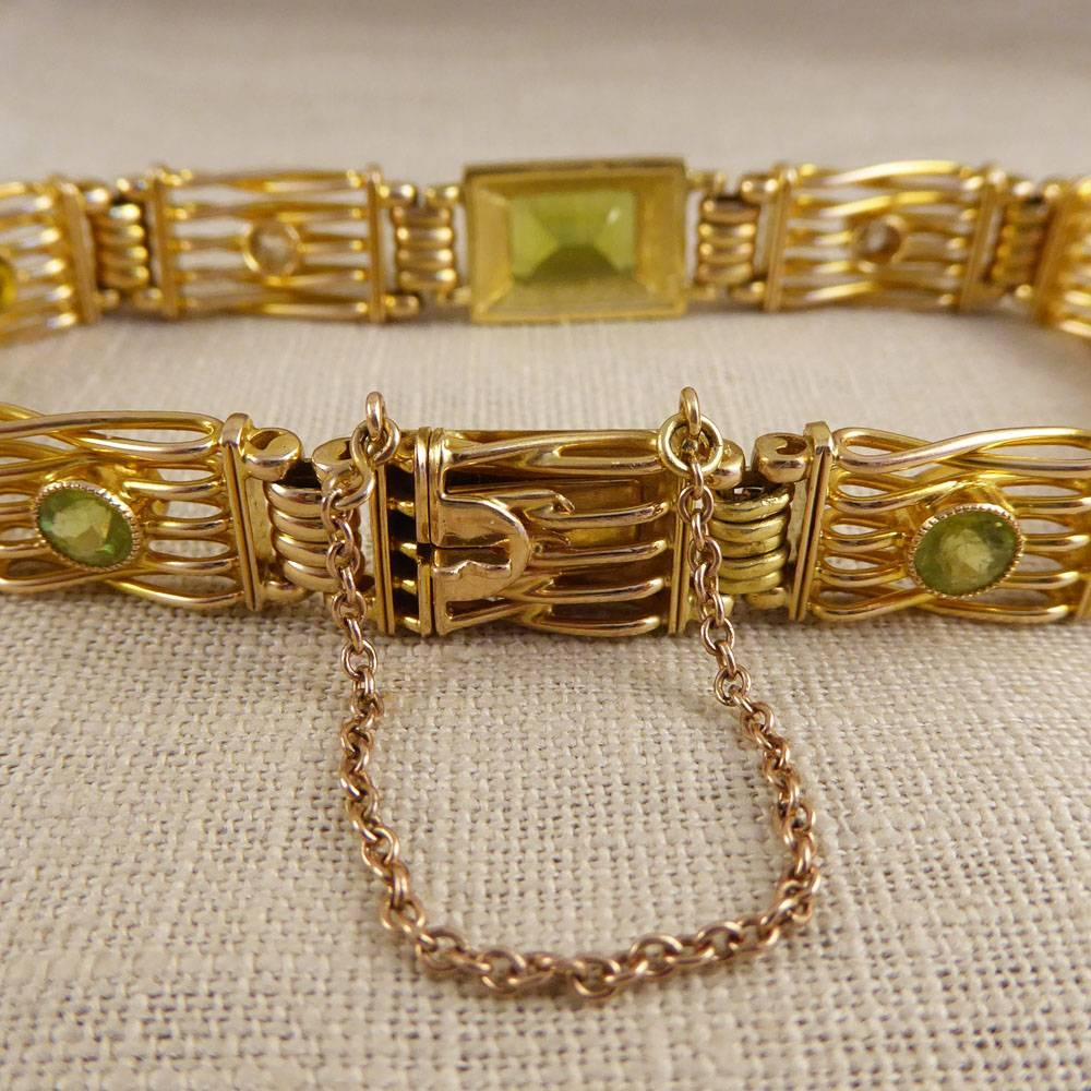 Women's Edwardian Gate Bracelet Set with Peridots and Diamonds in 15 Carat Gold