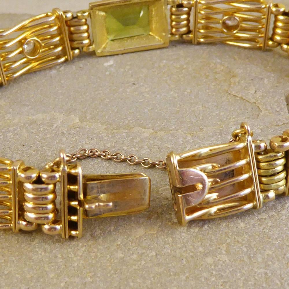 Edwardian Gate Bracelet Set with Peridots and Diamonds in 15 Carat Gold 5