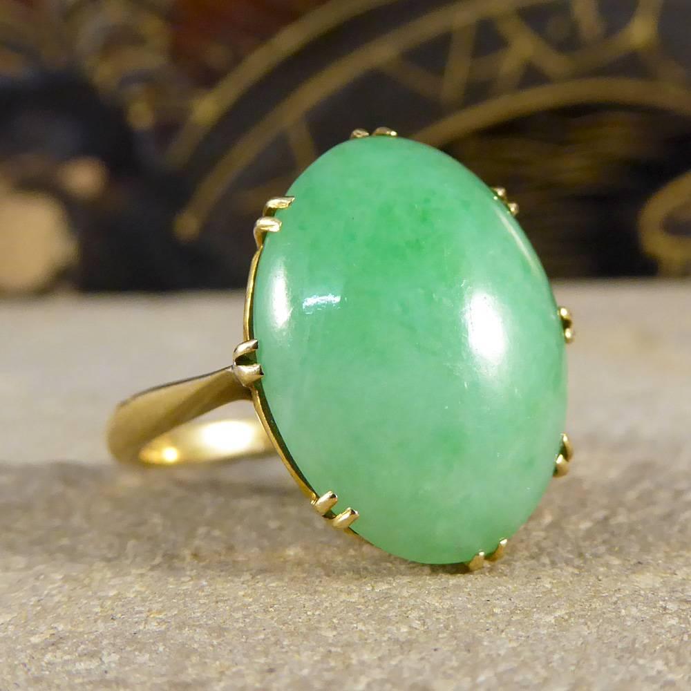 This enchanting ring was crafted in the Edwardian era. Featuring a single jade stone on an 18ct yellow gold band, it look simply sleek on the finger!

Ring Size: UK H 1/2 or US 4 

Condition: Very Good, slightest signs of wear due to age and