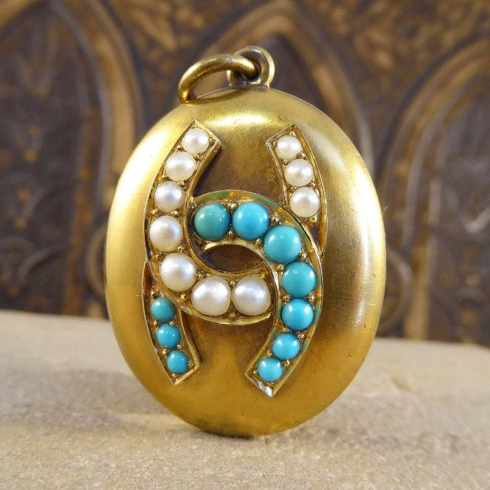 Women's or Men's Antique Victorian Turquoise and Pearl Horseshoe Locket Pendant in 15 Carat Gold