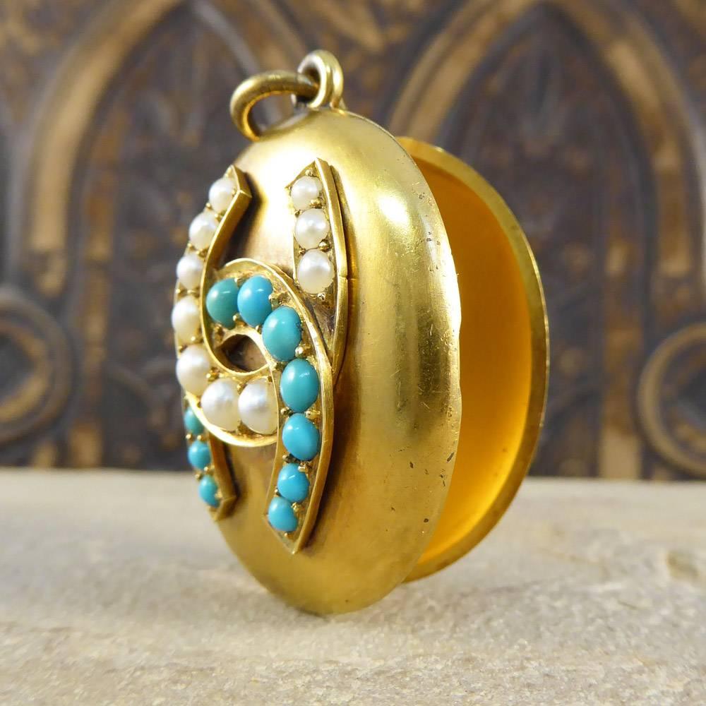 Antique Victorian Turquoise and Pearl Horseshoe Locket Pendant in 15 Carat Gold 1