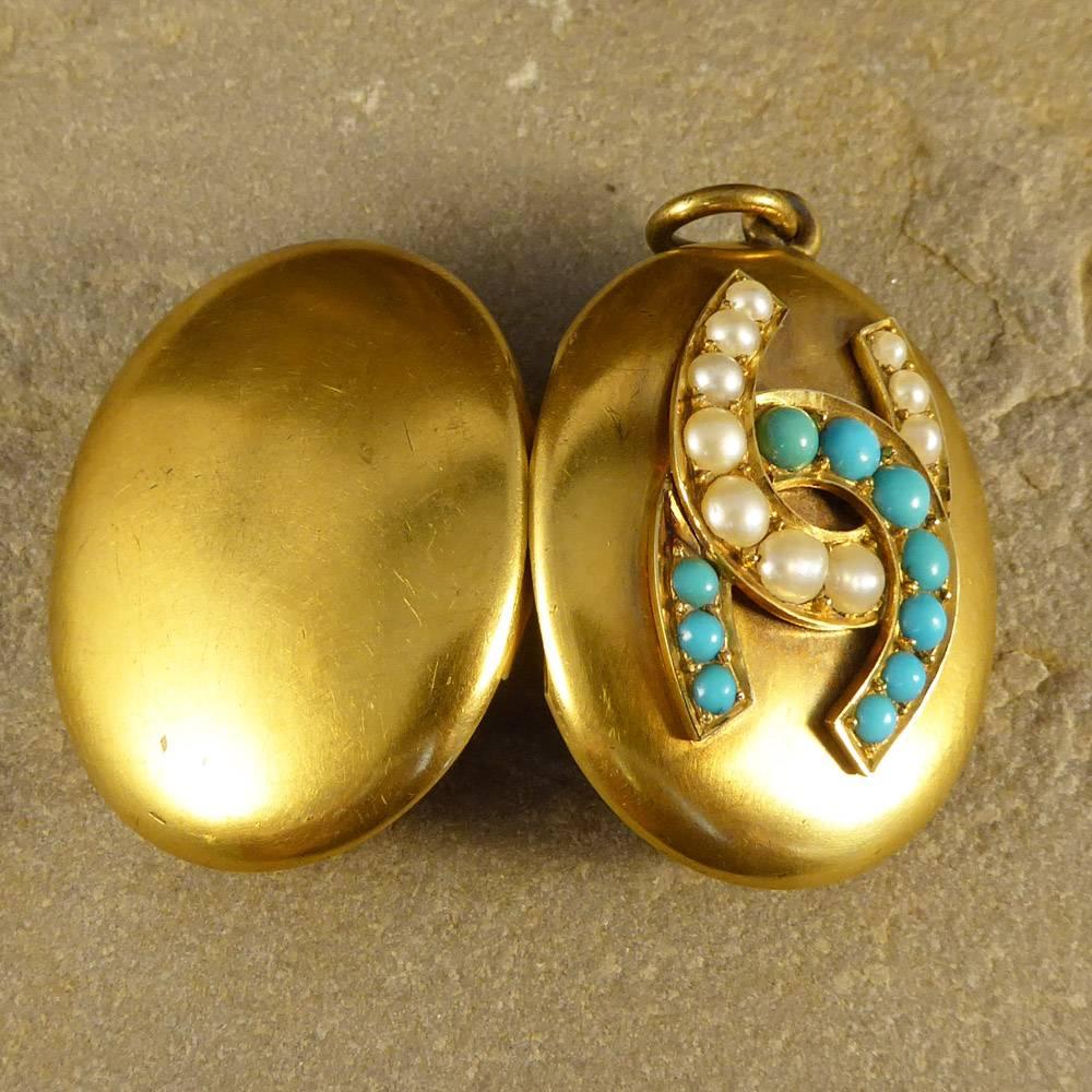 Antique Victorian Turquoise and Pearl Horseshoe Locket Pendant in 15 Carat Gold 2