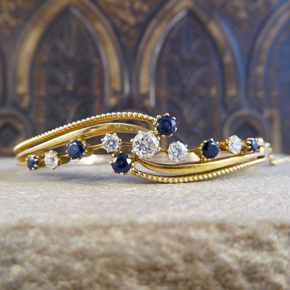 Women's Antique Edwardian Diamond and Sapphire Bangle Bracelet in 15 Carat Gold