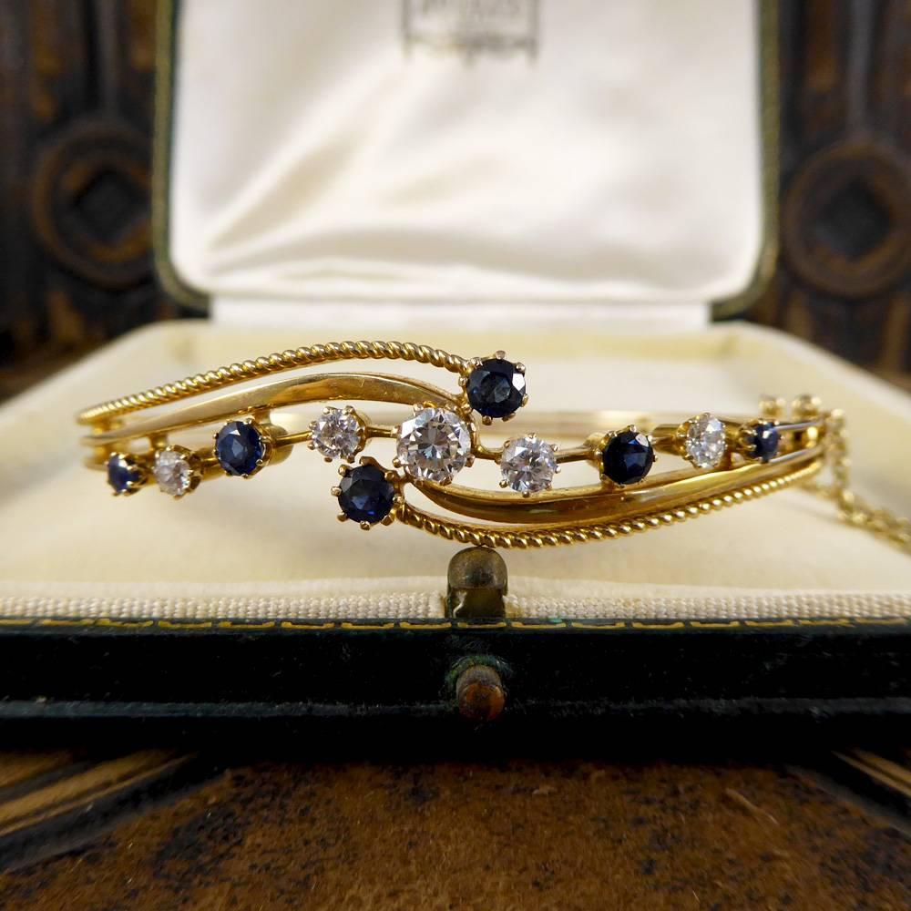 Antique Edwardian Diamond and Sapphire Bangle Bracelet in 15 Carat Gold 4