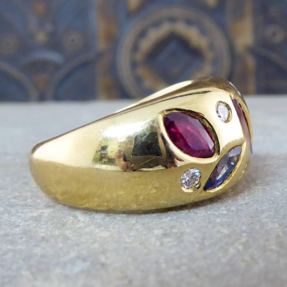 Contemporary Ruby, Sapphire and Diamond Gypsy Ring in 18 Carat Gold In Good Condition In Yorkshire, West Yorkshire