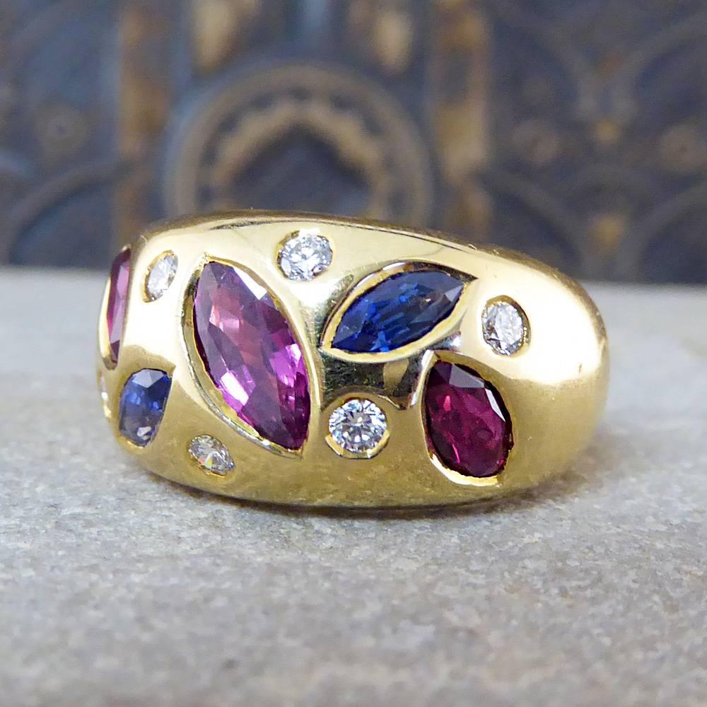 Contemporary Ruby, Sapphire and Diamond Gypsy Ring in 18 Carat Gold 1
