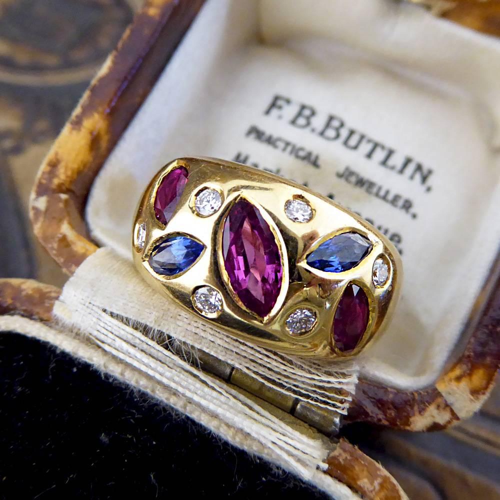Contemporary Ruby, Sapphire and Diamond Gypsy Ring in 18 Carat Gold 4