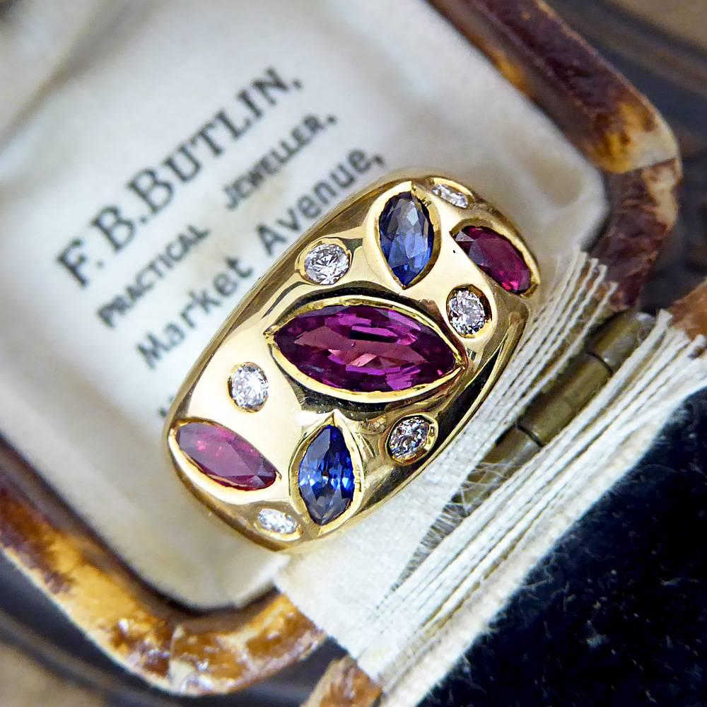 Contemporary Ruby, Sapphire and Diamond Gypsy Ring in 18 Carat Gold 5
