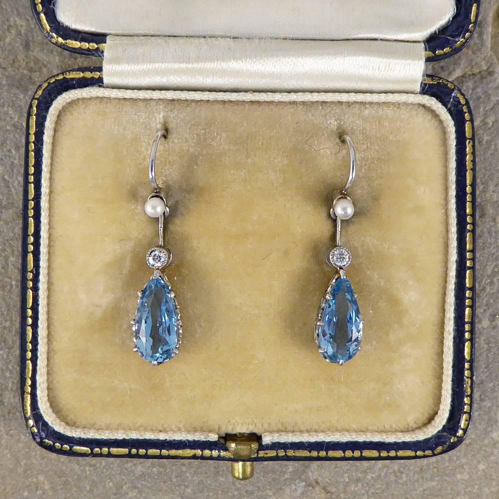 1930s Aquamarine, Pearl and Diamond Drop Earrings in 18 Carat White Gold 2