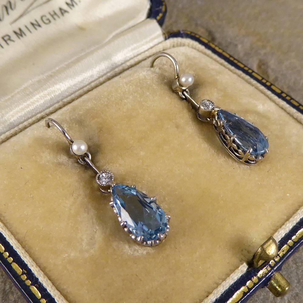 1930s Aquamarine, Pearl and Diamond Drop Earrings in 18 Carat White Gold 3