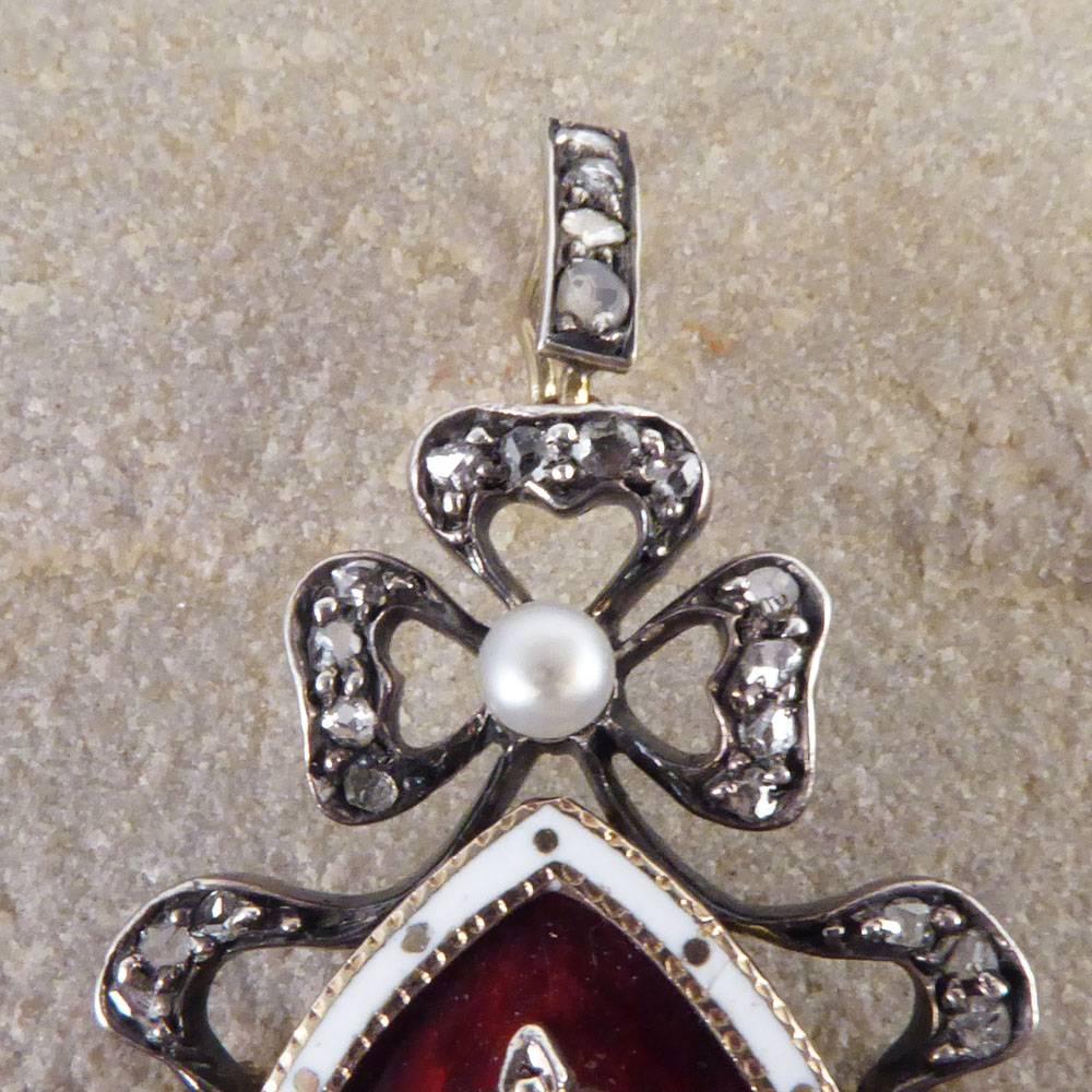 Victorian Blood Red and White Enamel, Pearl and Diamond Pendant In Excellent Condition In Yorkshire, West Yorkshire