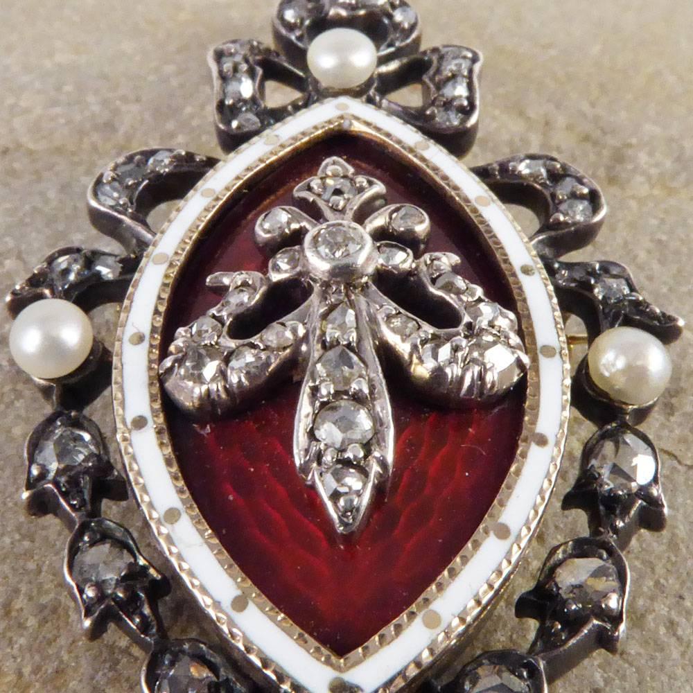 Victorian Blood Red and White Enamel, Pearl and Diamond Pendant 1