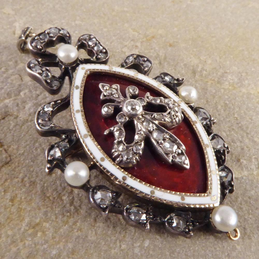 Victorian Blood Red and White Enamel, Pearl and Diamond Pendant 6
