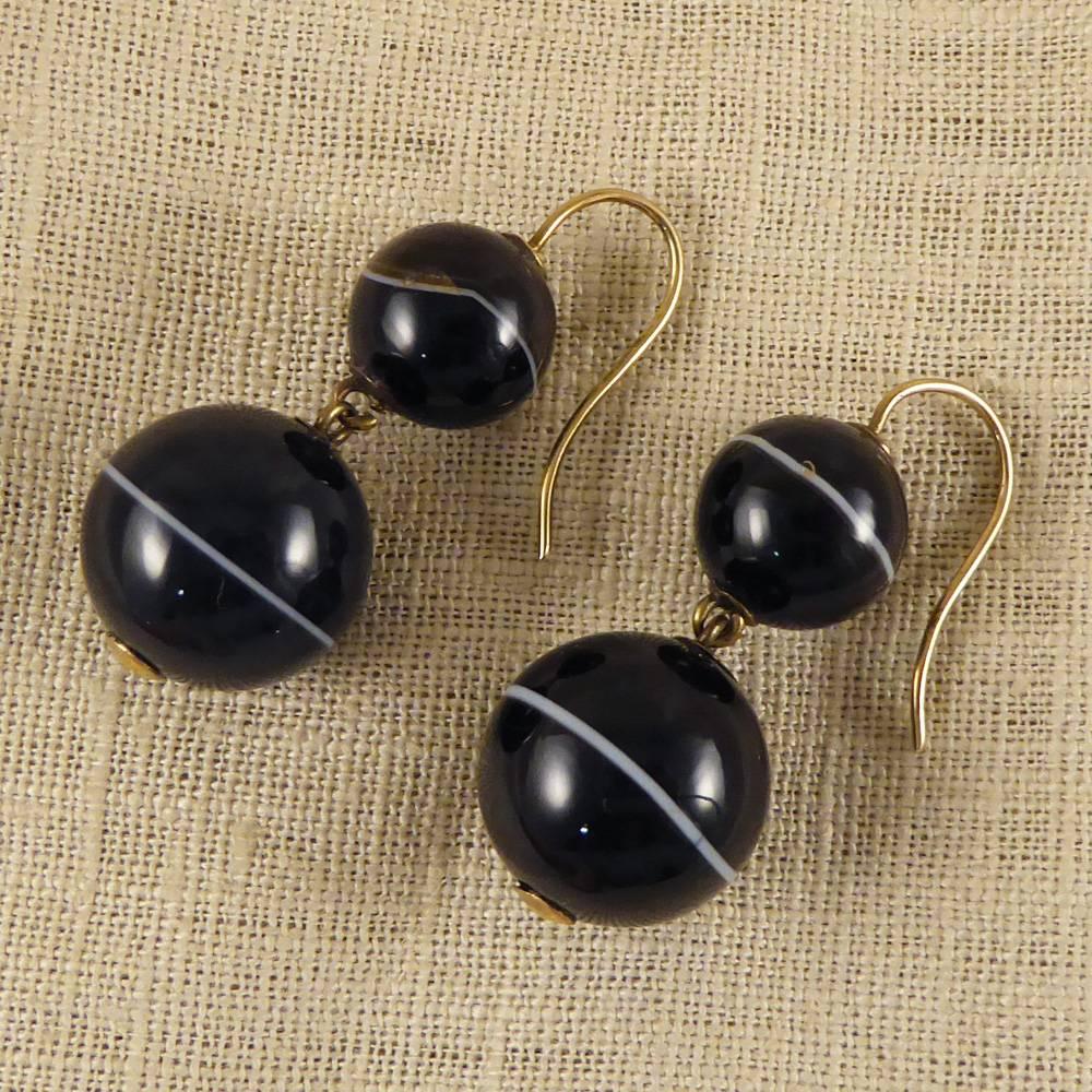 Antique Late Victorian Banded Agate Drop Earrings For Sale 1