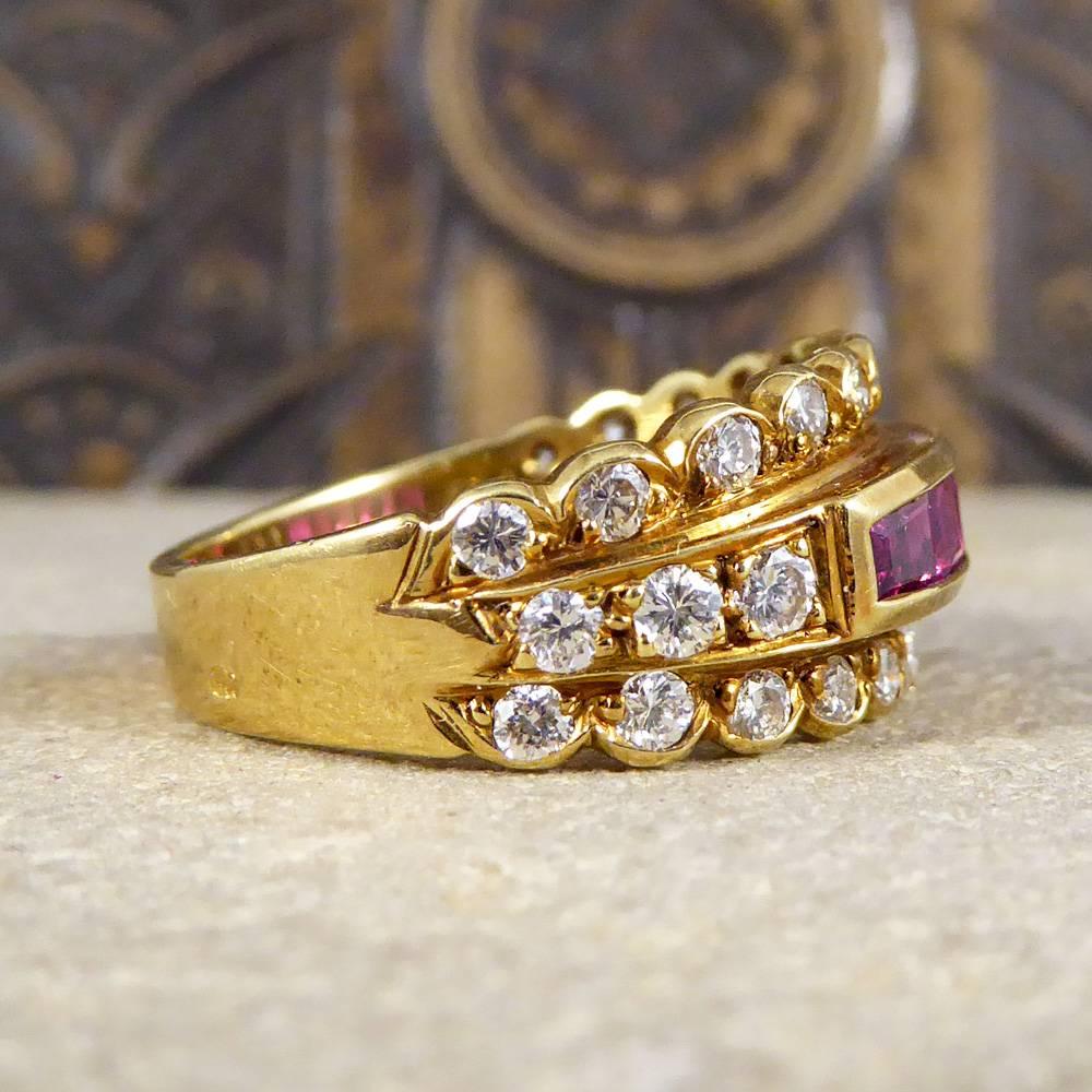 Modern Contemporary Ruby and Diamond Three Row Ring in 18 Carat Gold