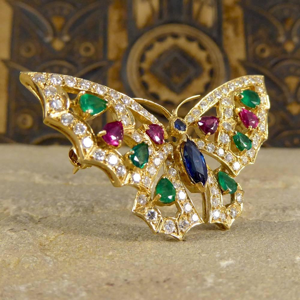 Contemporary Diamond, Emerald, Ruby and Sapphire Brooch in 18 Carat Gold In Good Condition In Yorkshire, West Yorkshire