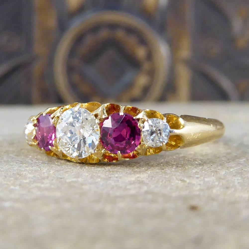 Antique Victorian Ruby and Diamond Five-Stone Ring in 18 Carat Gold In Good Condition In Yorkshire, West Yorkshire