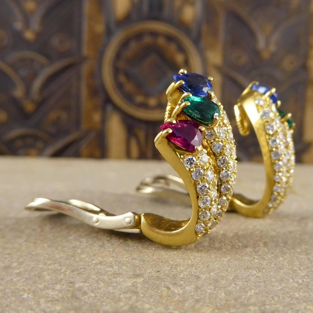 Modern Vintage Diamond, Emerald, Ruby and Sapphire Clip Back Earrings in 18 Carat Gold
