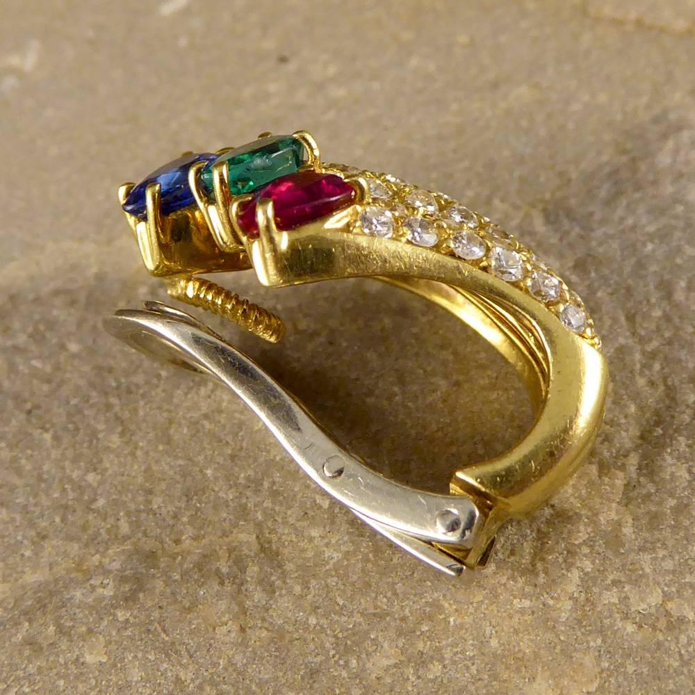 Vintage Diamond, Emerald, Ruby and Sapphire Clip Back Earrings in 18 Carat Gold In Good Condition In Yorkshire, West Yorkshire