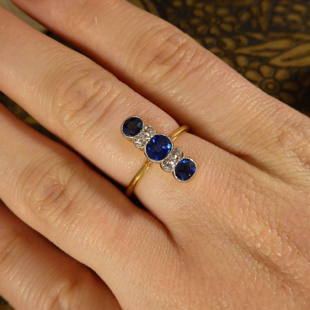 Antique Edwardian Sapphire and Diamond Vertical Seven-Stone Ring 1