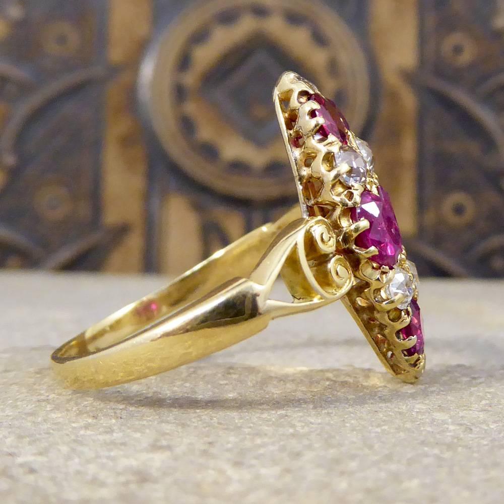 Late Victorian Antique Victorian Ruby and Diamond Marquise Ring in 18 Carat Yellow Gold