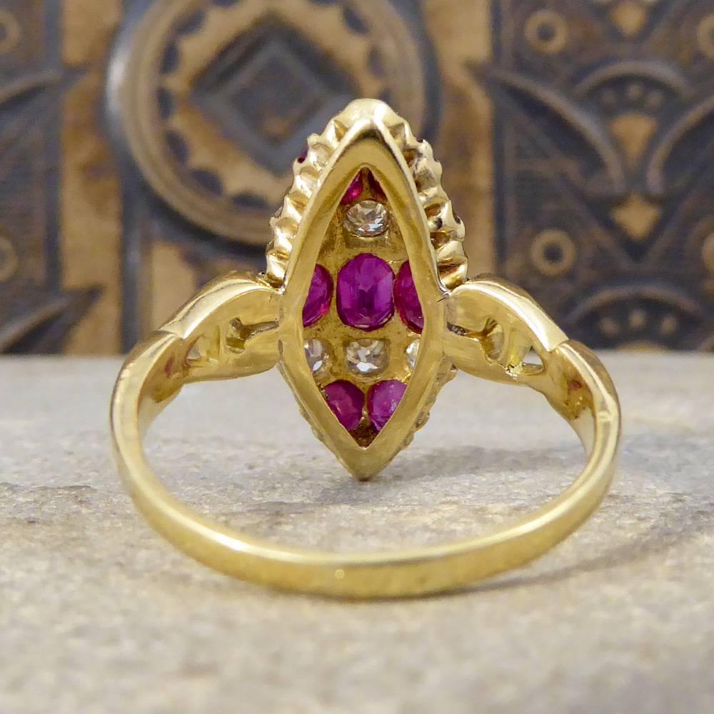 Antique Victorian Ruby and Diamond Marquise Ring in 18 Carat Yellow Gold In Good Condition In Yorkshire, West Yorkshire