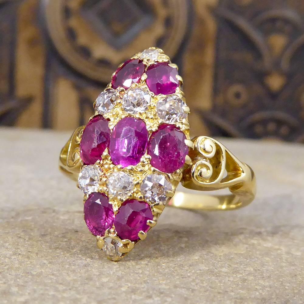 Women's Antique Victorian Ruby and Diamond Marquise Ring in 18 Carat Yellow Gold