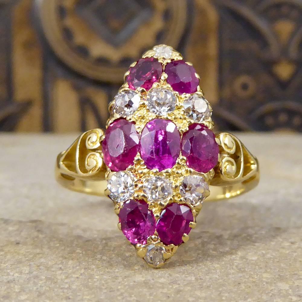 Antique Victorian Ruby and Diamond Marquise Ring in 18 Carat Yellow Gold 1