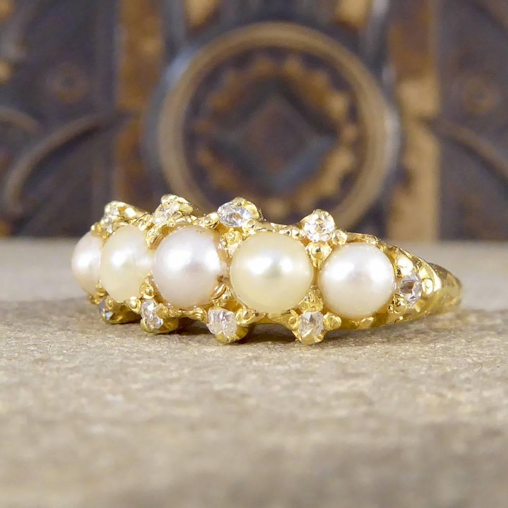 Antique Victorian Cultured Pearl & Diamond Five-Stone Ring Set in 18 Carat Gold 1