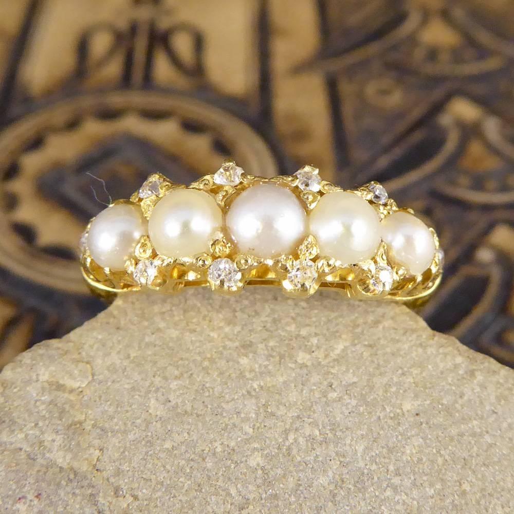 Antique Victorian Cultured Pearl & Diamond Five-Stone Ring Set in 18 Carat Gold 2