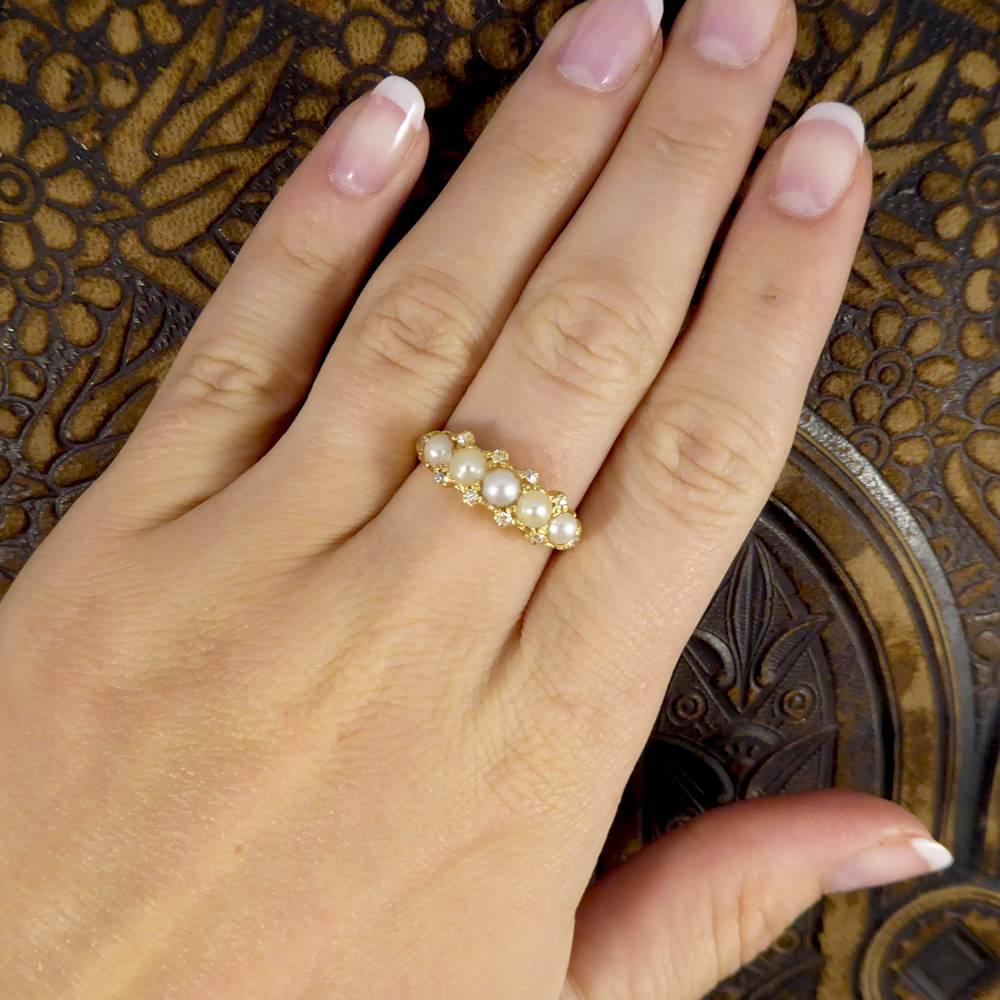 Antique Victorian Cultured Pearl & Diamond Five-Stone Ring Set in 18 Carat Gold 3