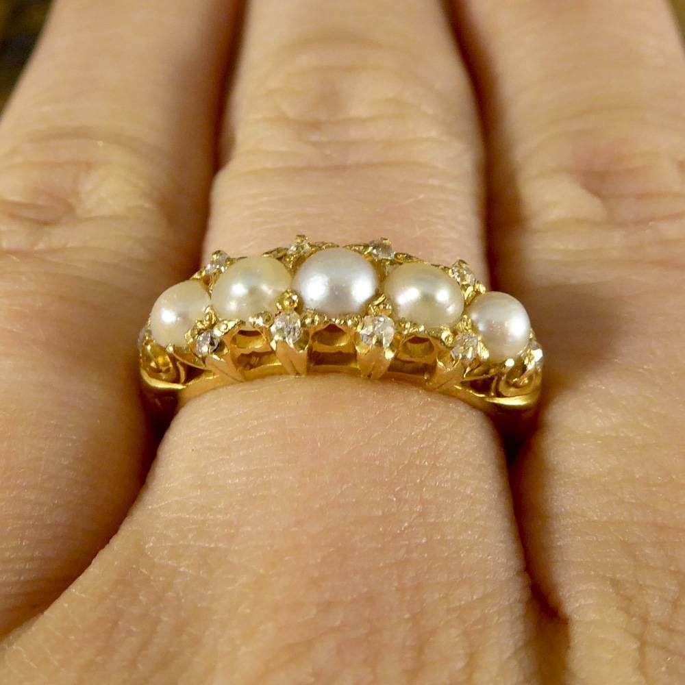 Antique Victorian Cultured Pearl & Diamond Five-Stone Ring Set in 18 Carat Gold 4