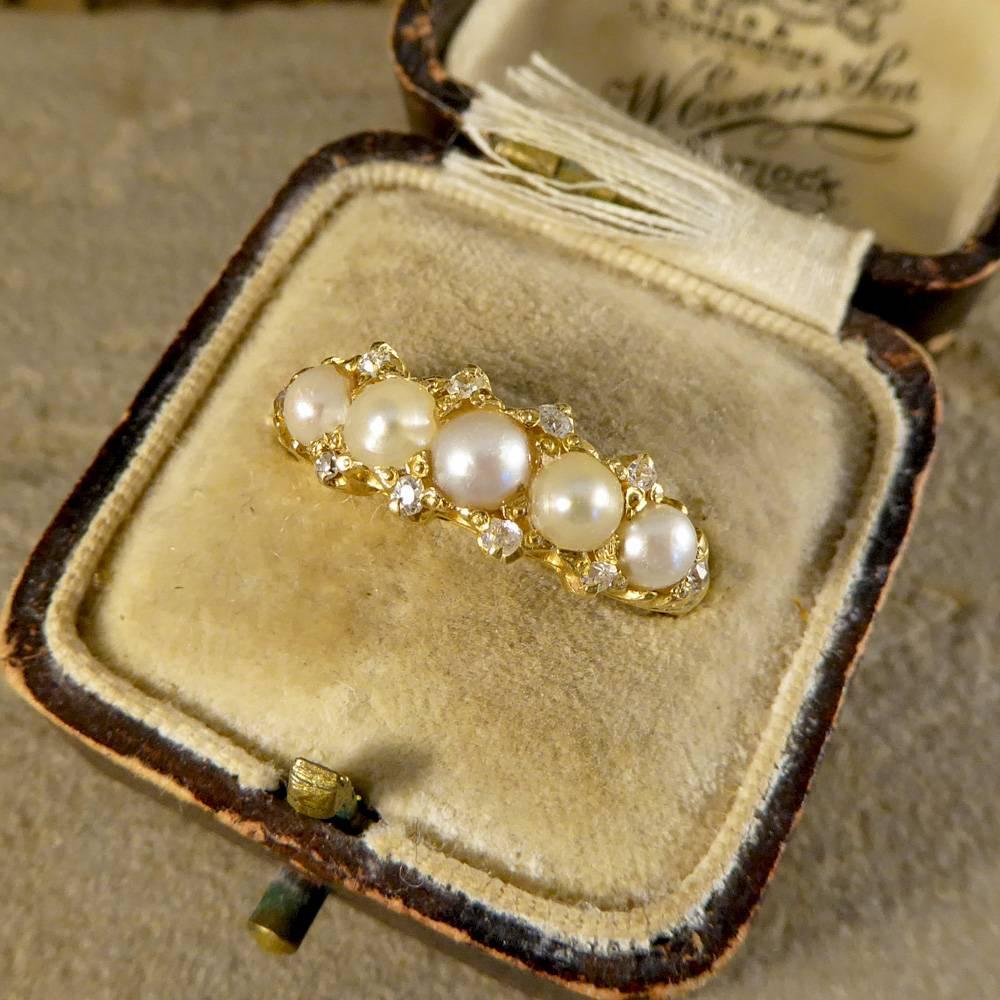 Antique Victorian Cultured Pearl & Diamond Five-Stone Ring Set in 18 Carat Gold 5