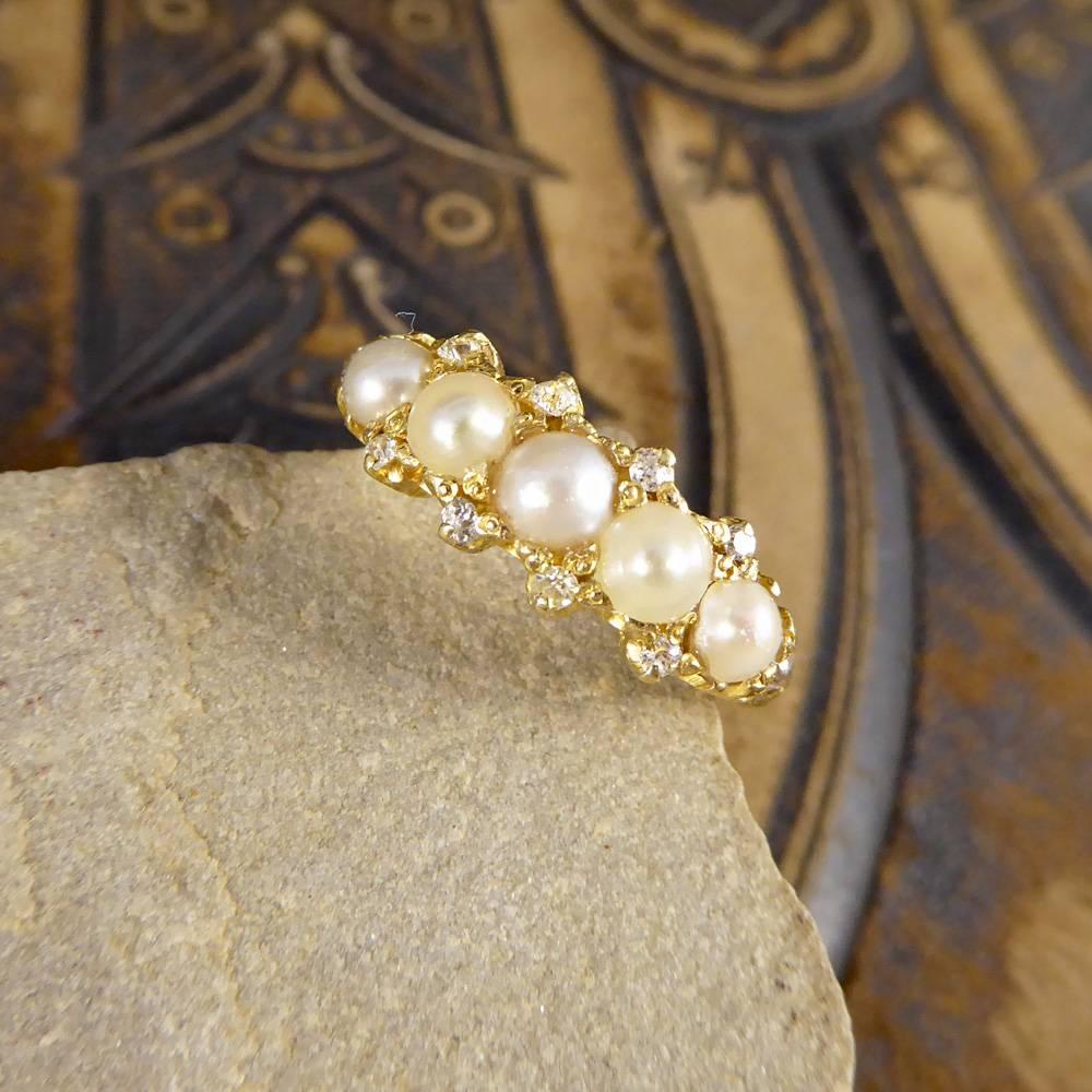 Antique Victorian Cultured Pearl & Diamond Five-Stone Ring Set in 18 Carat Gold 6