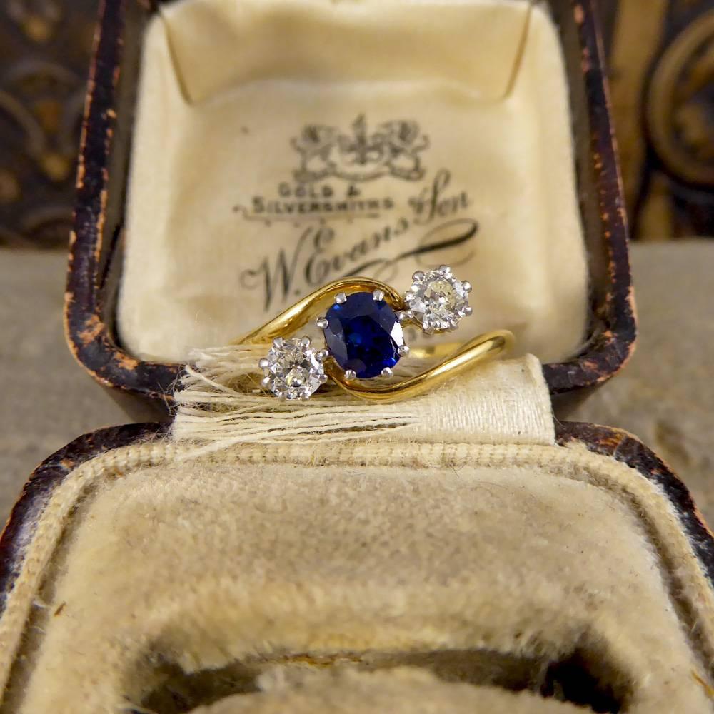 Antique Edwardian Sapphire and Diamond Three-Stone Twist in 18 Carat Gold 2