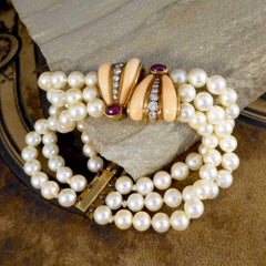 1970s Coral, Cabochon Ruby and Diamond, Three-Strand Pearls Bracelet